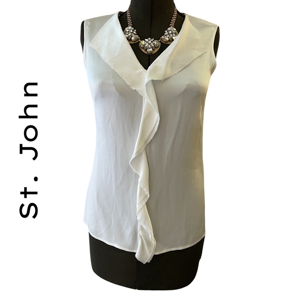 ✨HOST PICK✨ ST. JOHN BLACK LABEL V-NECK RUFFLE TOP IN PEARL WHITE COLOR, SIZE P